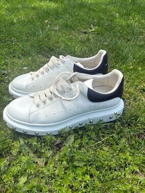 Alexander McQueen White Leather Sneakers with Black Heel Tabs